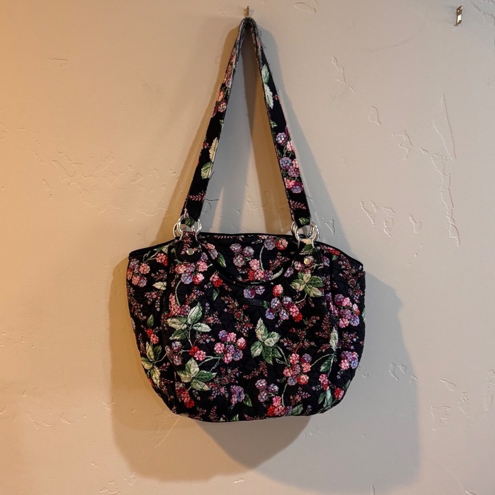 Vera Bradley Berries and Brambles Quilted Cotton Shoulder Bag Floral Tote Black